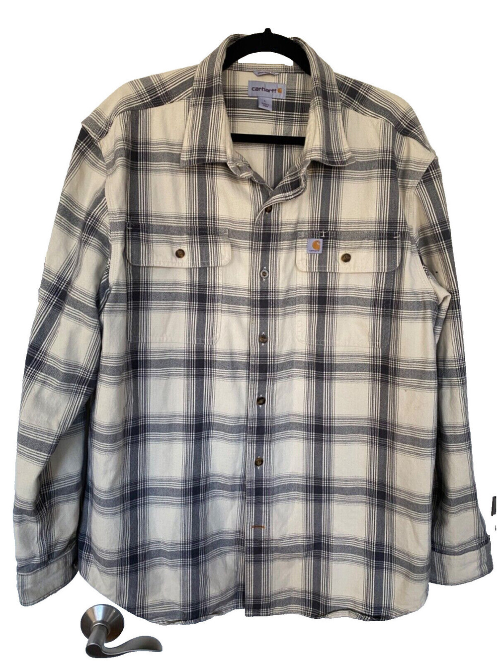 Carhartt Original Fit Plaid Flannel Long Sleeve Button Shirt Gray Black Ivory L